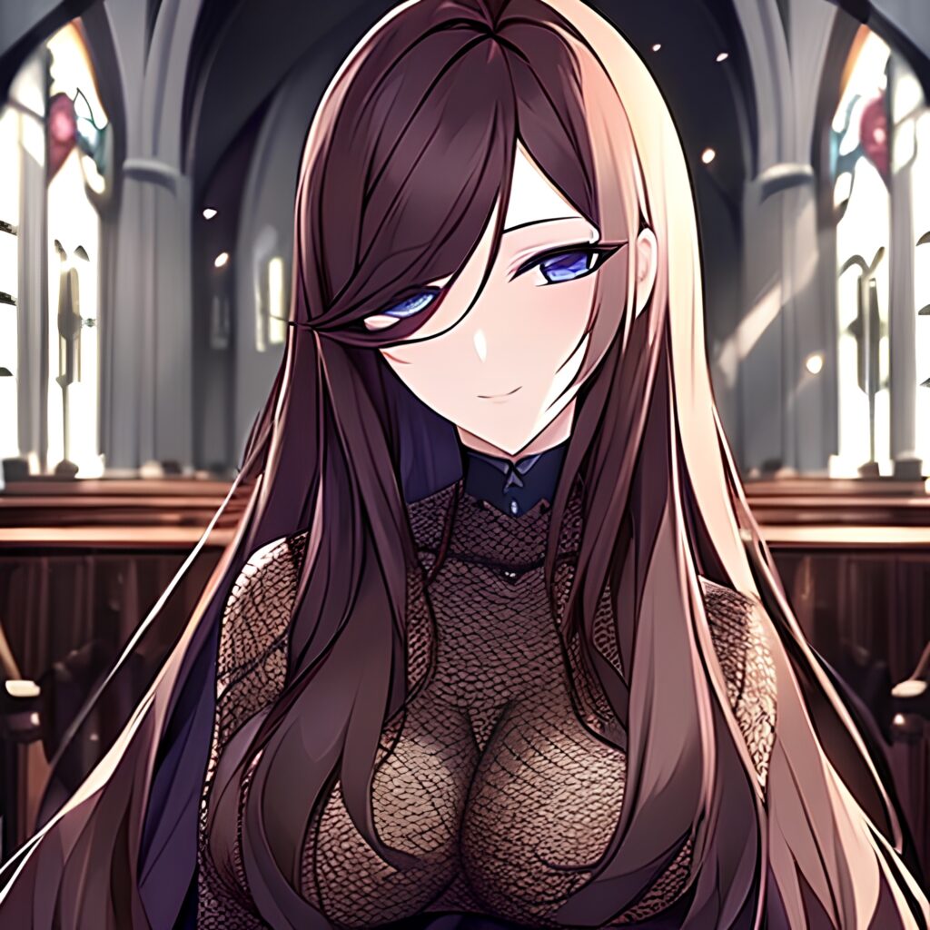 brunette long hair church messy hair fishnet woman