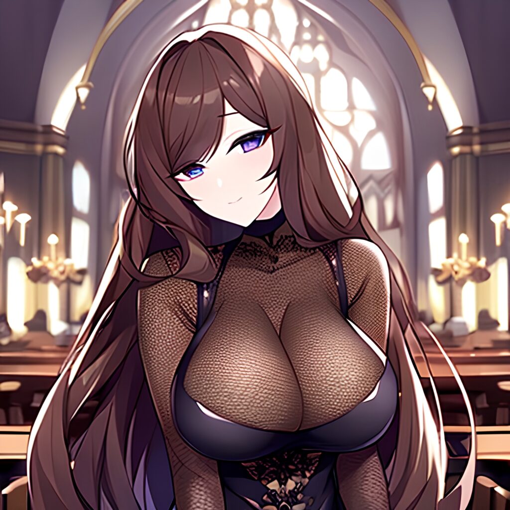 brunette long hair church messy hair fishnet woman