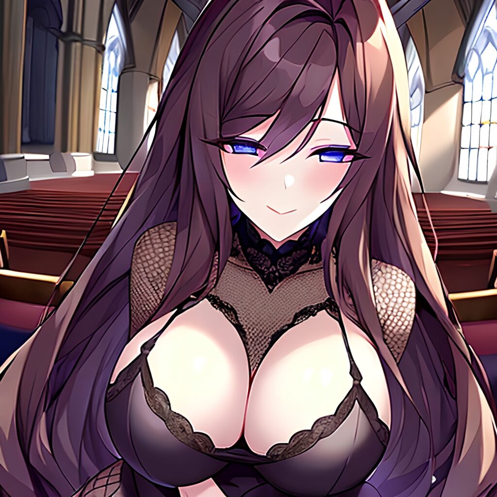 brunette long hair church messy hair fishnet woman 