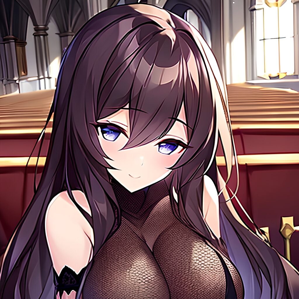 brunette long hair church messy hair fishnet woman