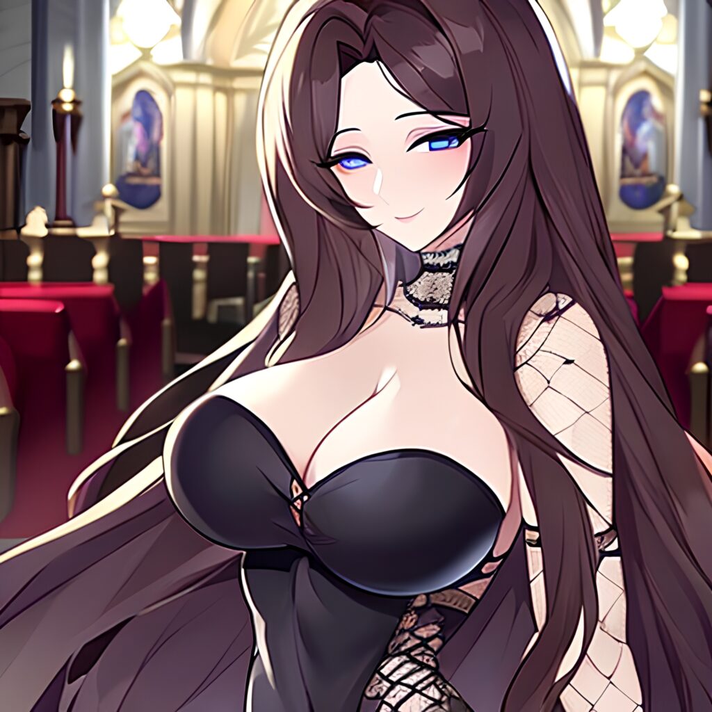 brunette long hair church messy hair woman fishnet