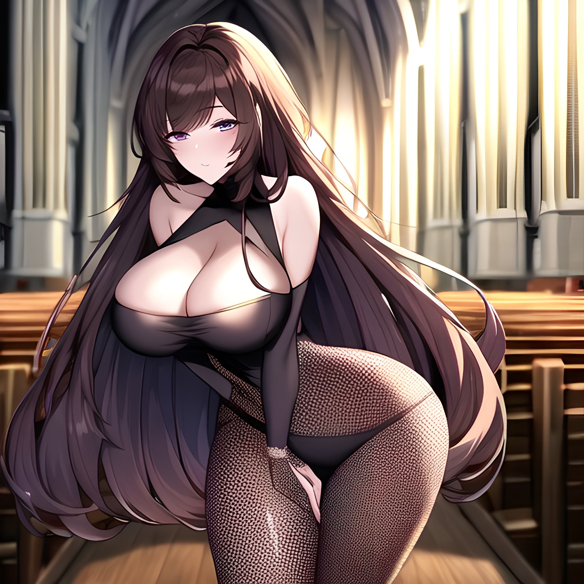 brunette long hair church messy hair woman fishnet 