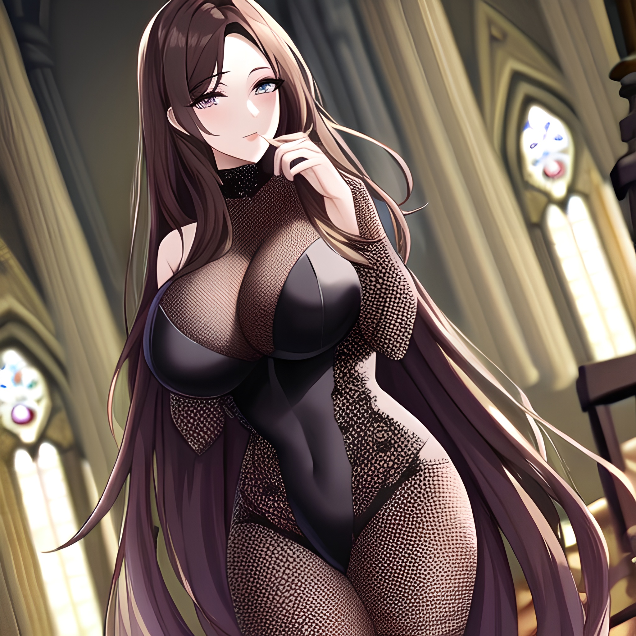 brunette long hair church messy hair woman fishnet 