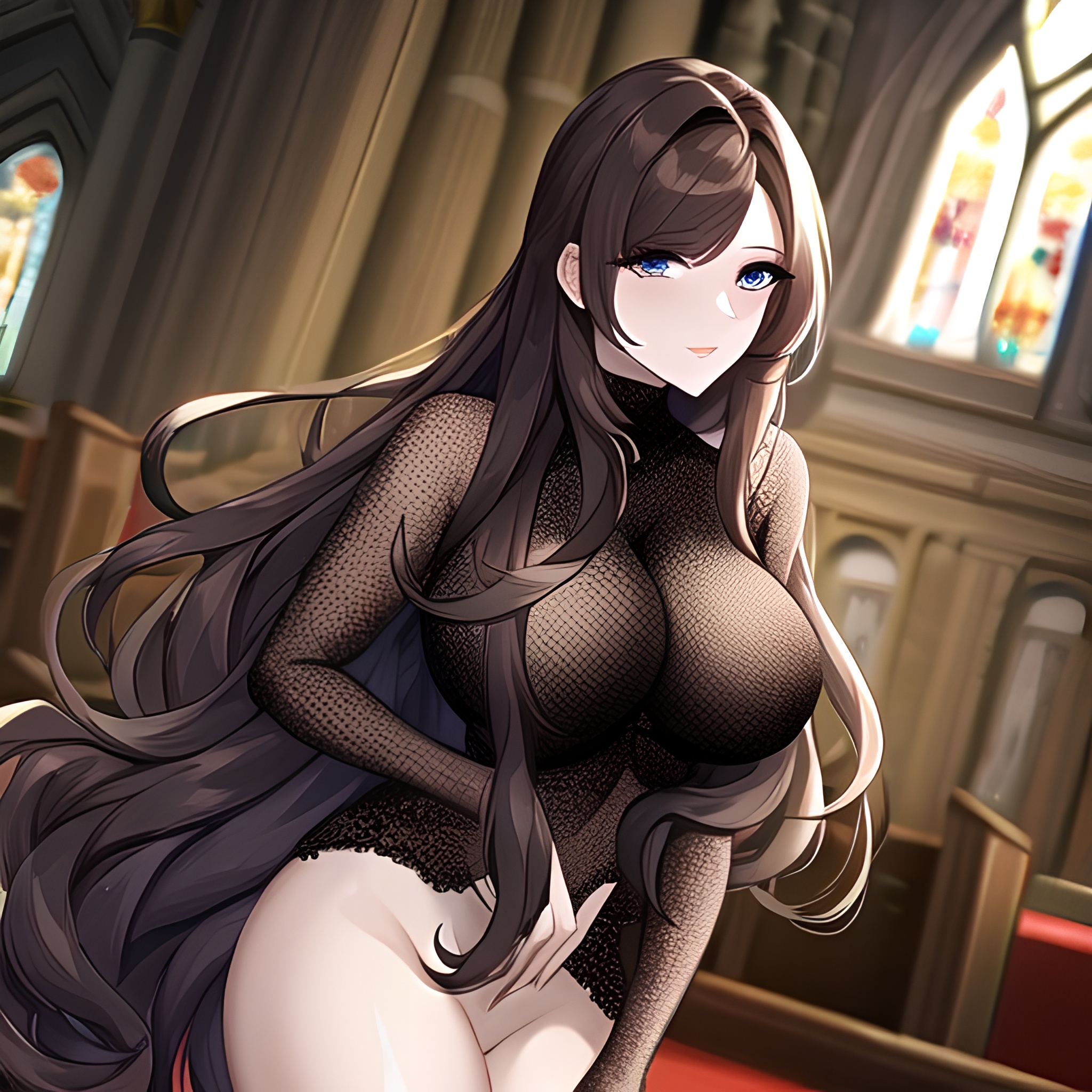brunette long hair church messy hair woman fishnet 