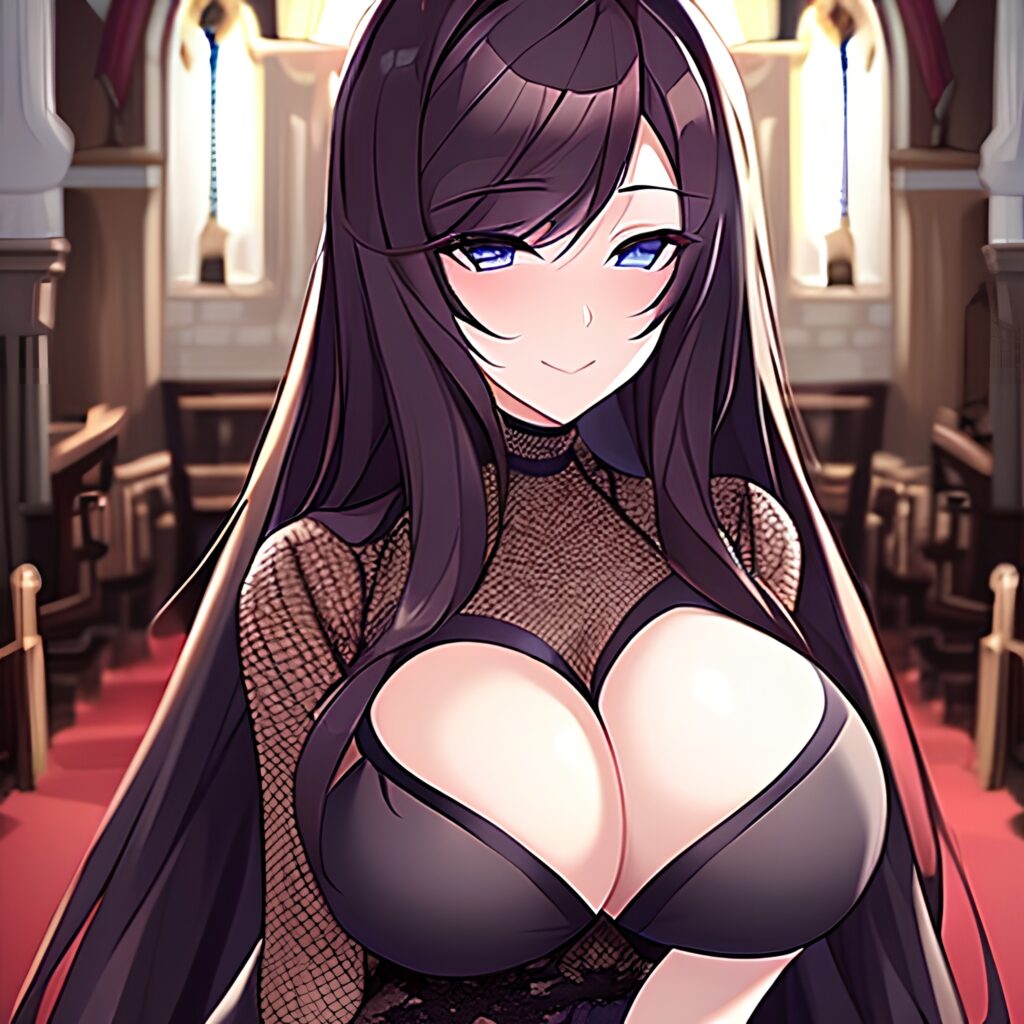 brunette long hair church messy hair woman fishnet