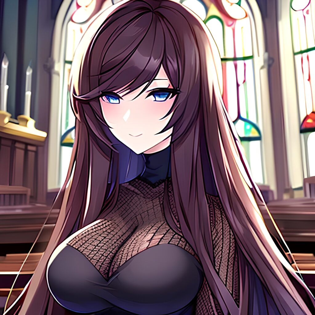 brunette long hair church messy hair woman fishnet