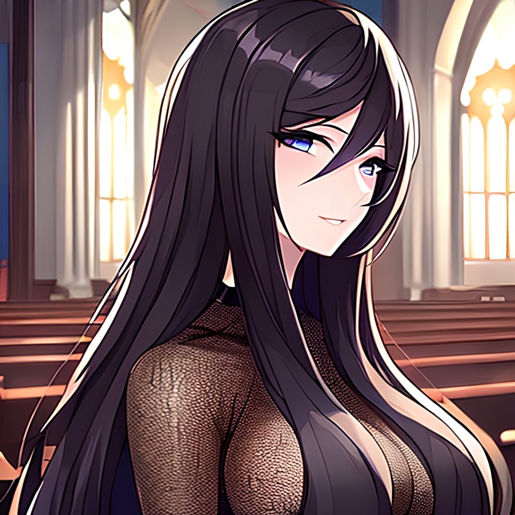 brunette long hair church woman fishnet messy hair 