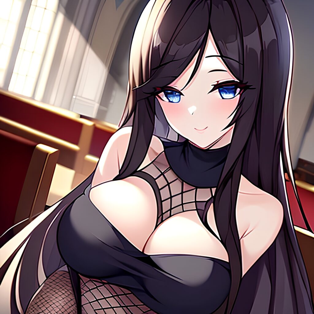 brunette long hair church woman fishnet messy hair