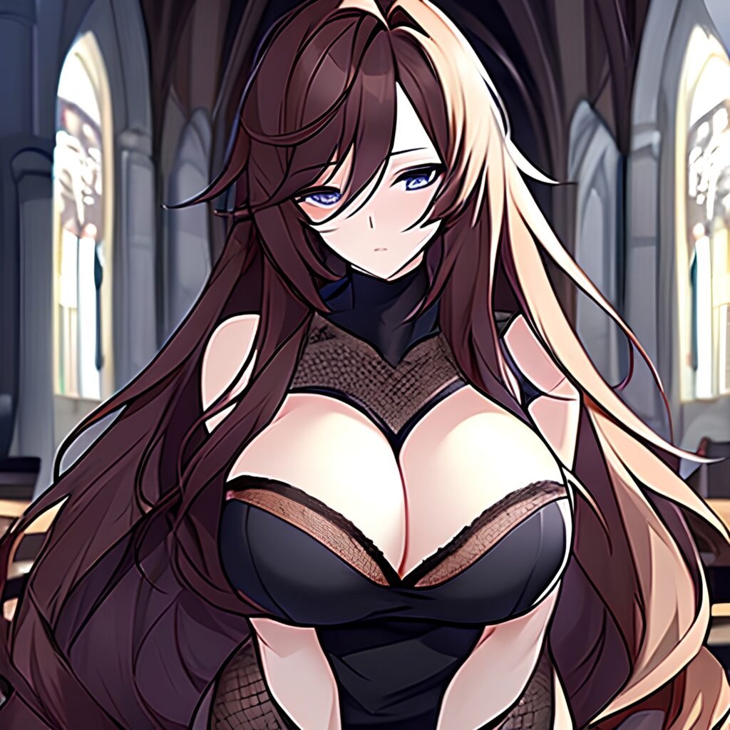 brunette long hair church woman fishnet messy hair