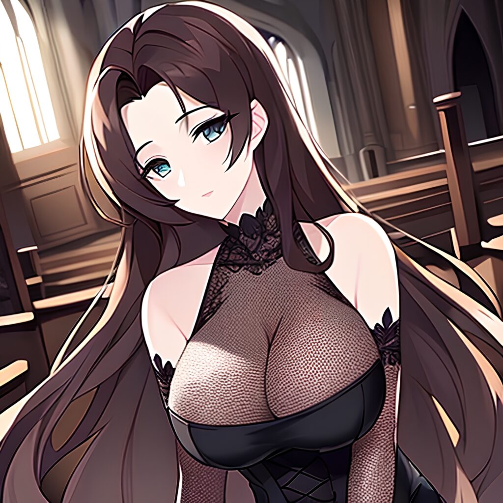 brunette long hair church woman fishnet messy hair 