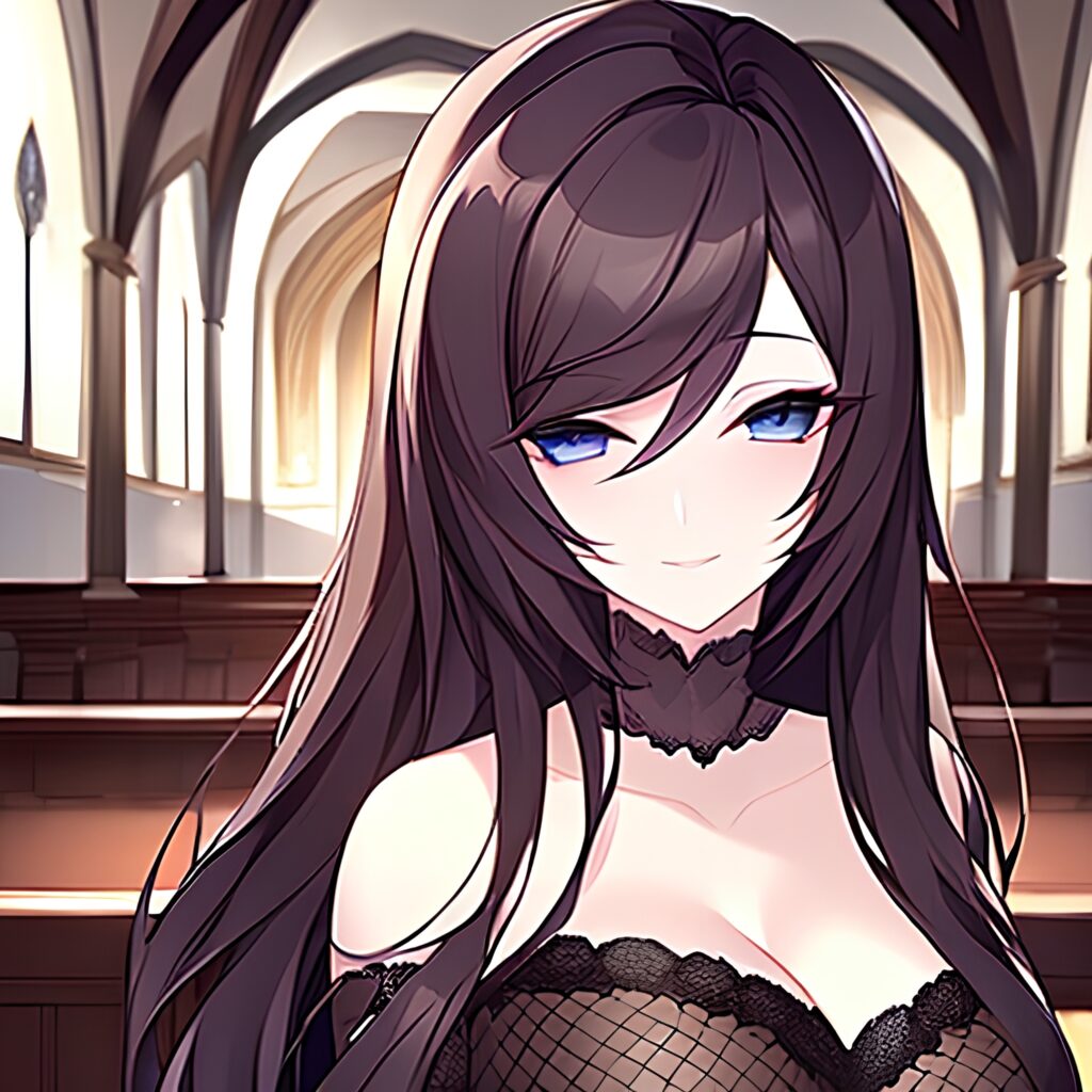 brunette long hair church woman fishnet messy hair 