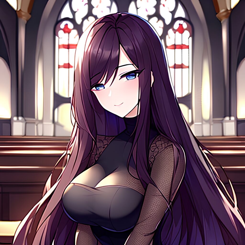 brunette long hair church woman fishnet messy hair