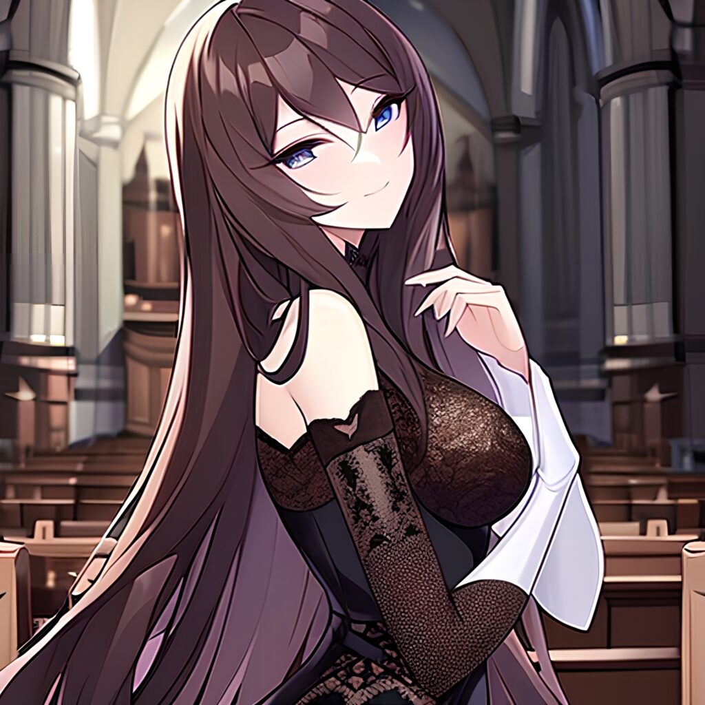 brunette long hair church woman fishnet messy hair 