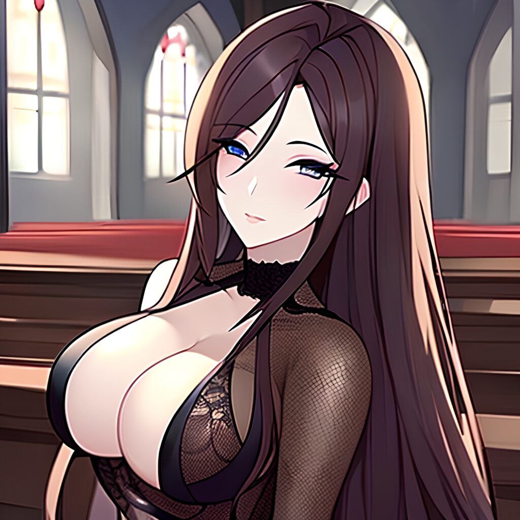 brunette long hair church woman fishnet messy hair 