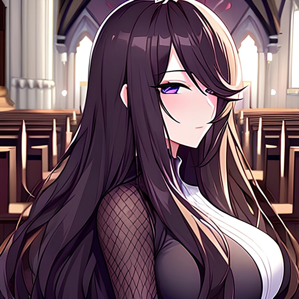 brunette long hair church woman fishnet messy hair 