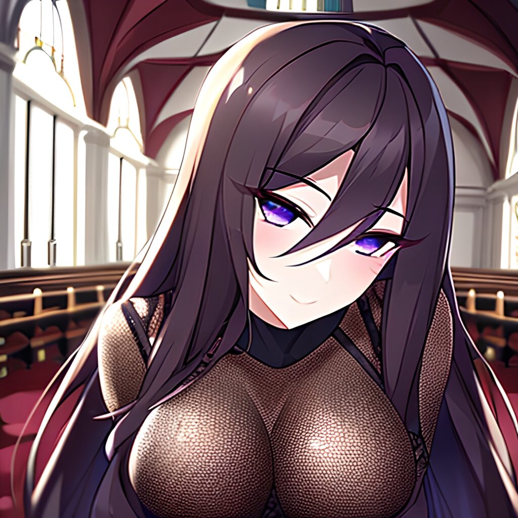 brunette long hair church woman messy hair fishnet