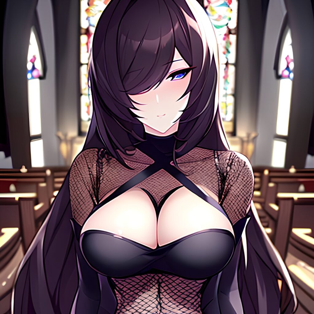 brunette long hair church woman messy hair fishnet