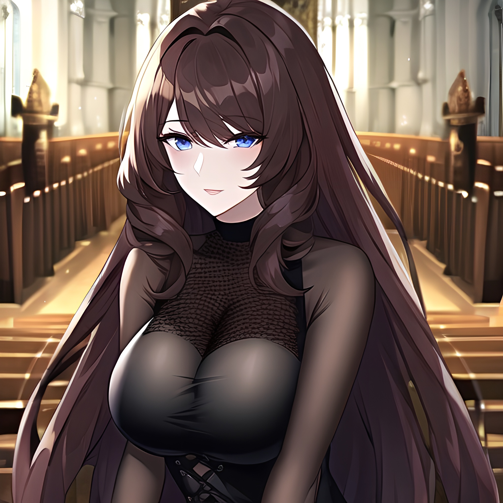 brunette long hair church woman messy hair fishnet 