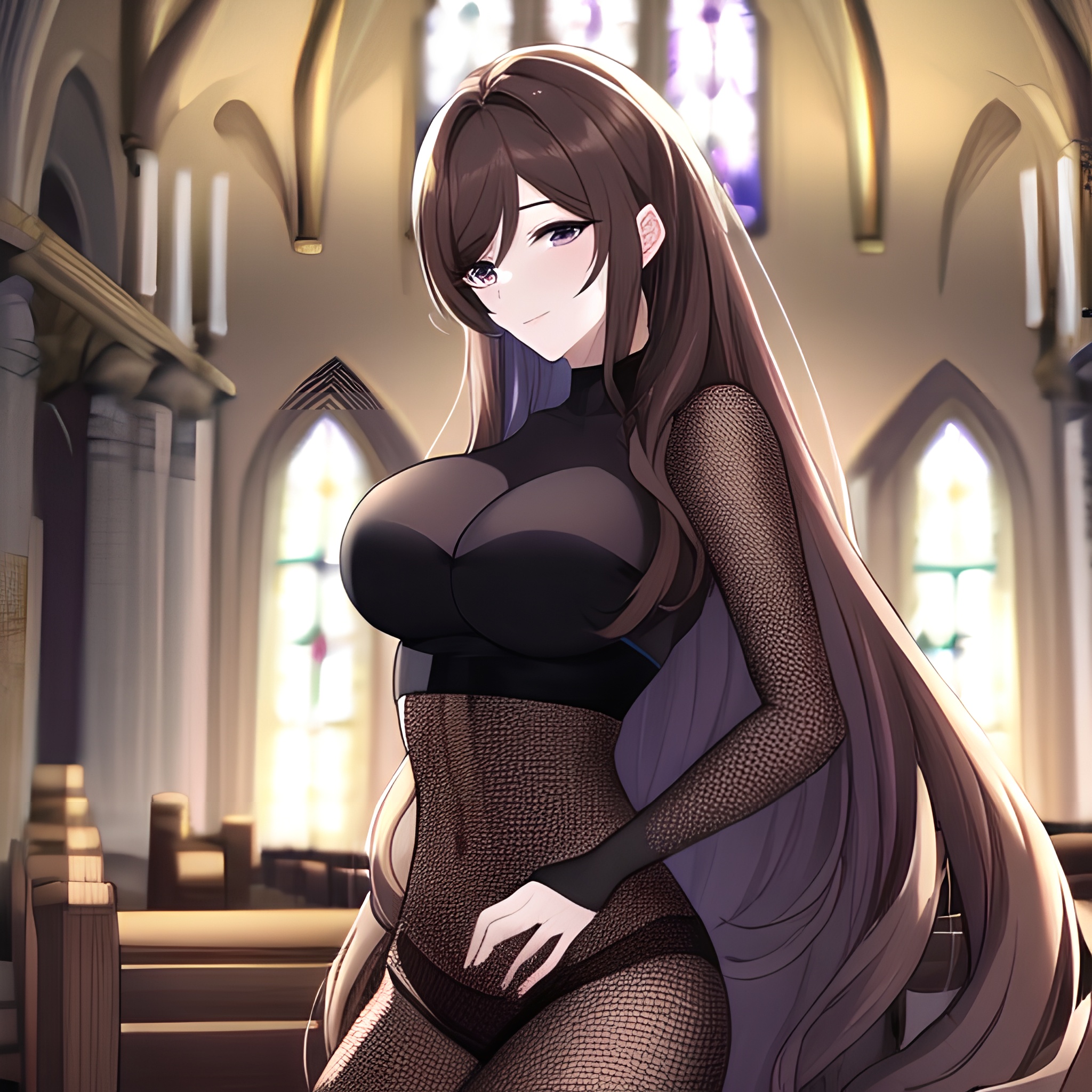 brunette long hair church woman messy hair fishnet 