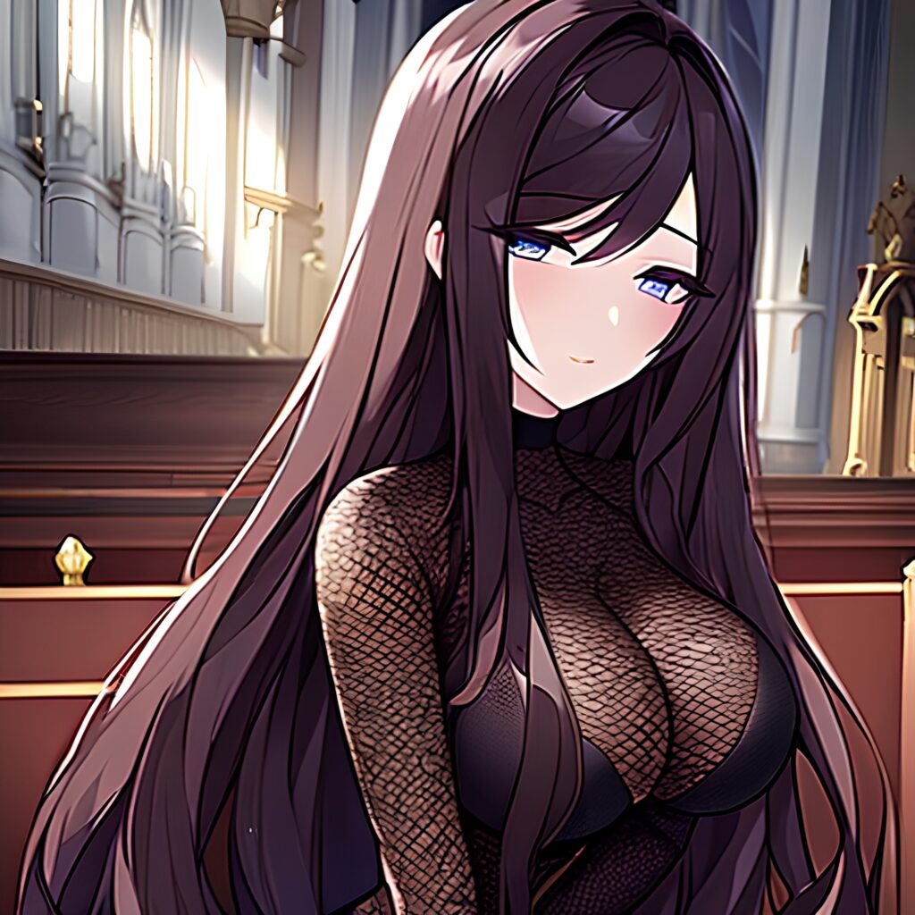 brunette long hair church woman messy hair fishnet 