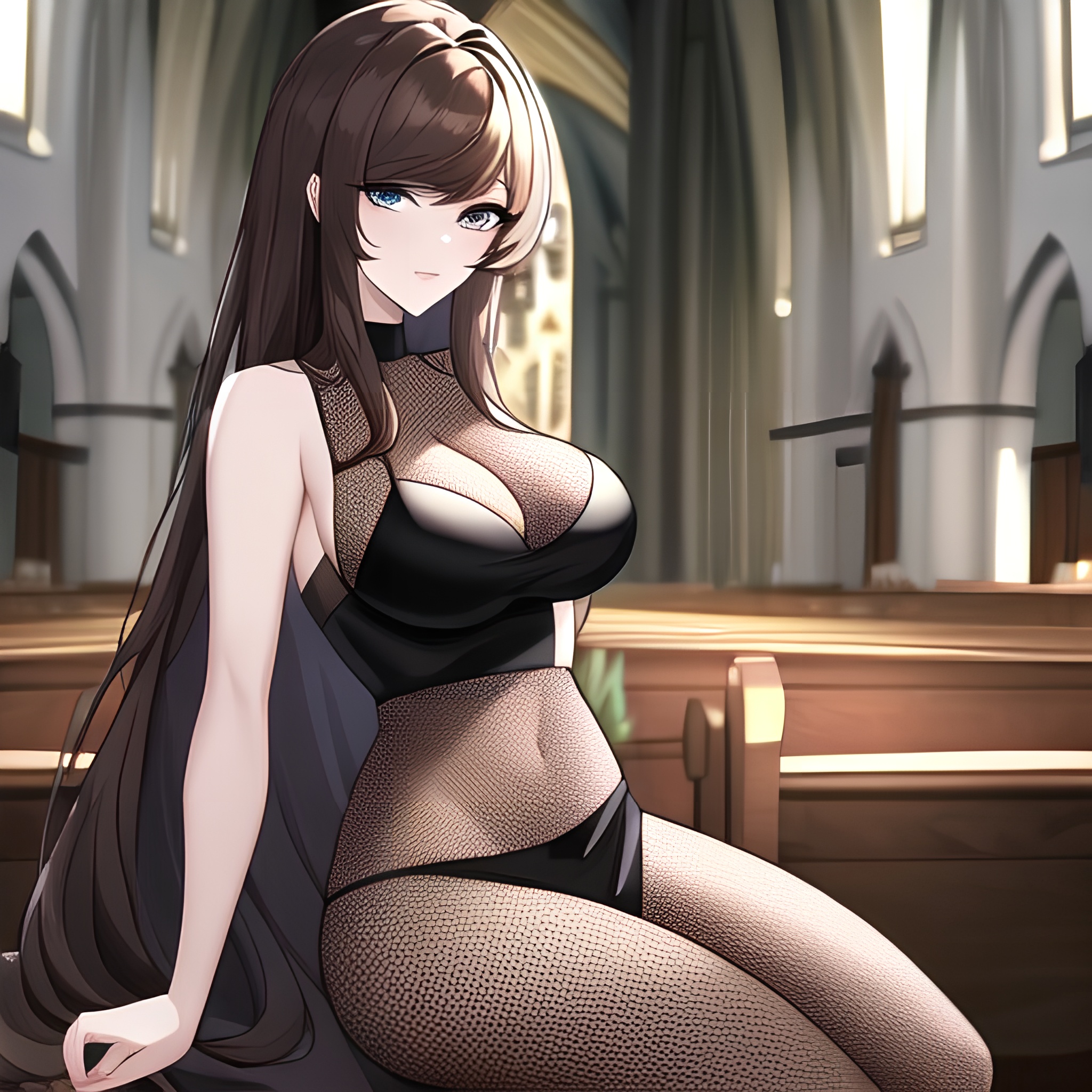 brunette long hair church woman messy hair fishnet 