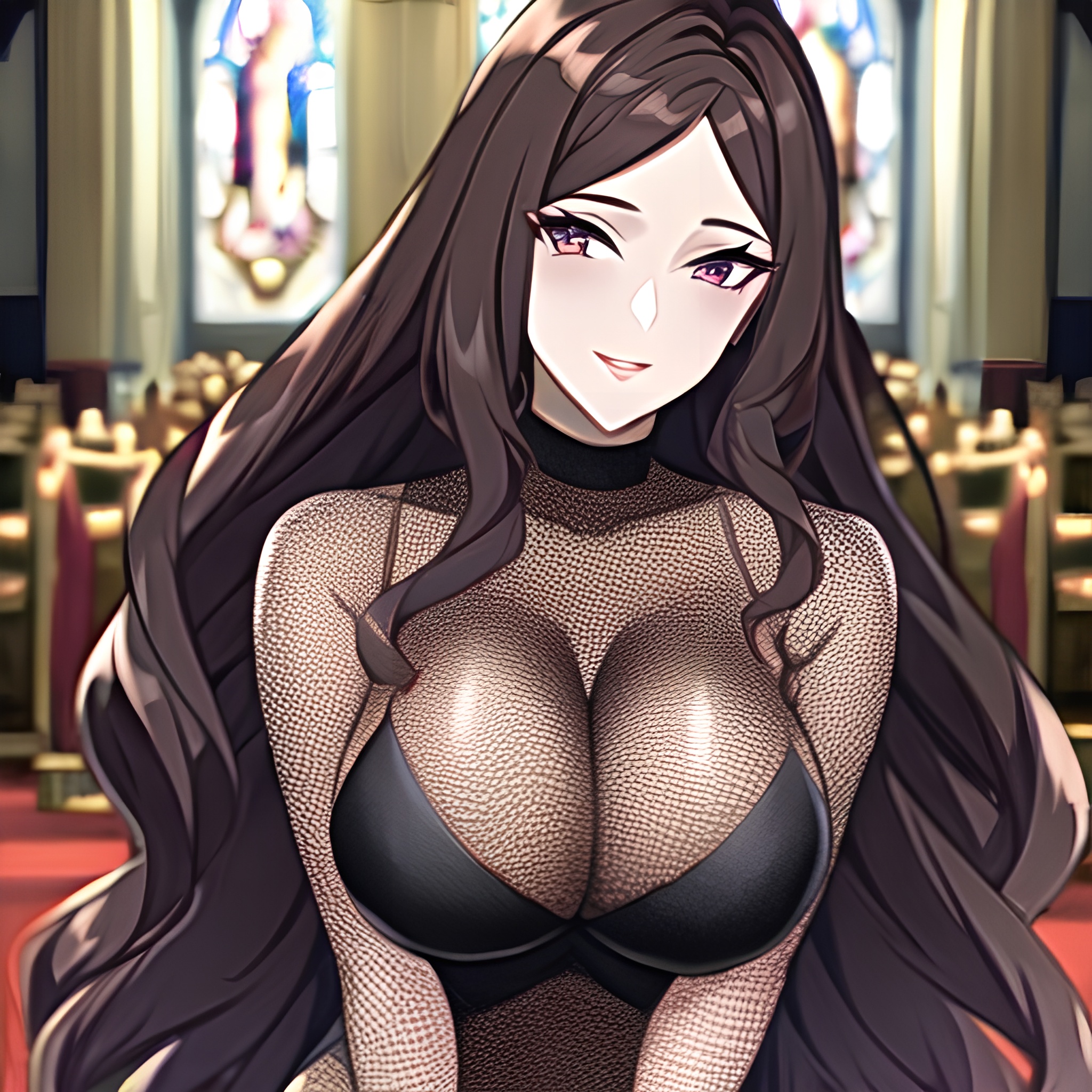 brunette long hair fishnet church messy hair woman