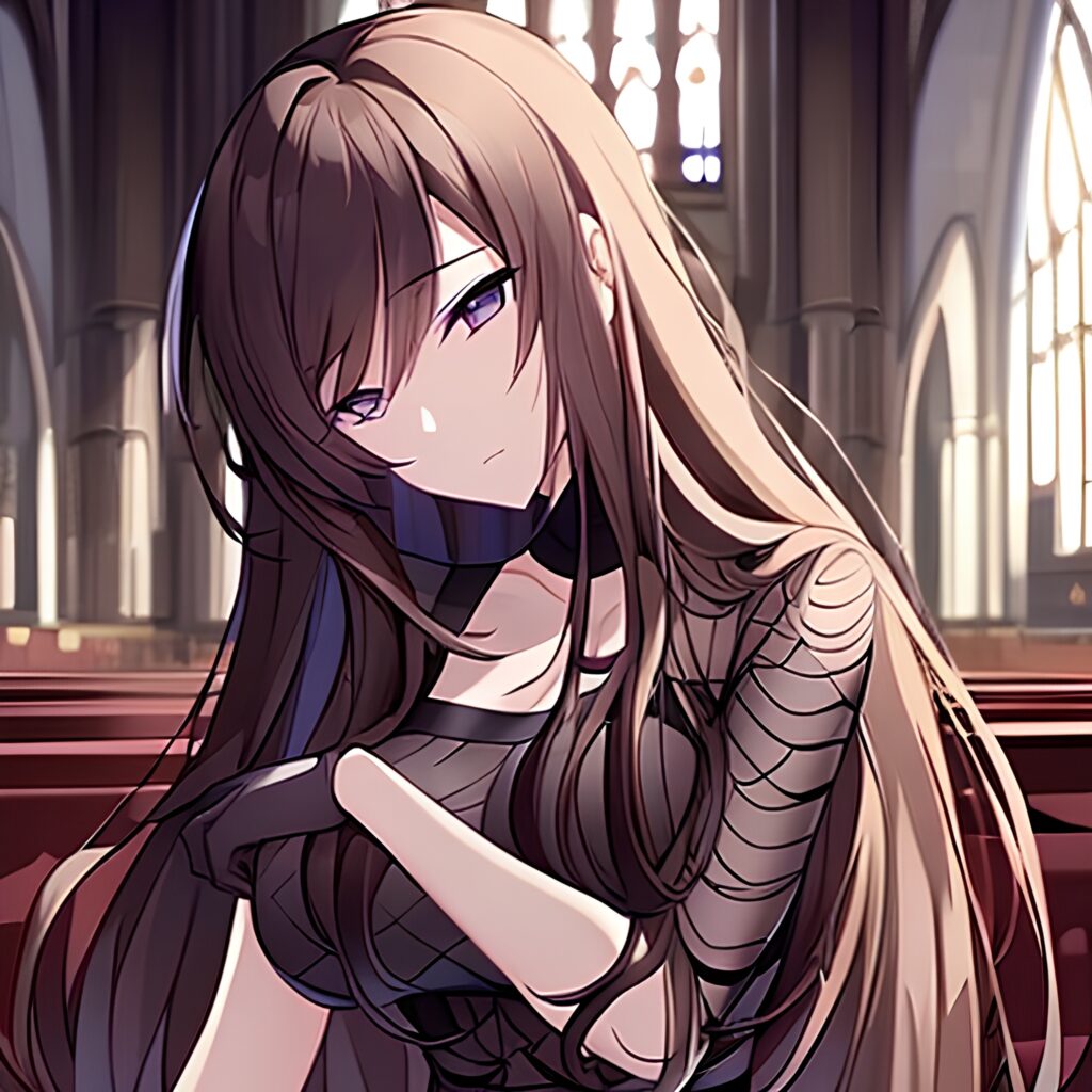 brunette long hair fishnet church woman messy hair 