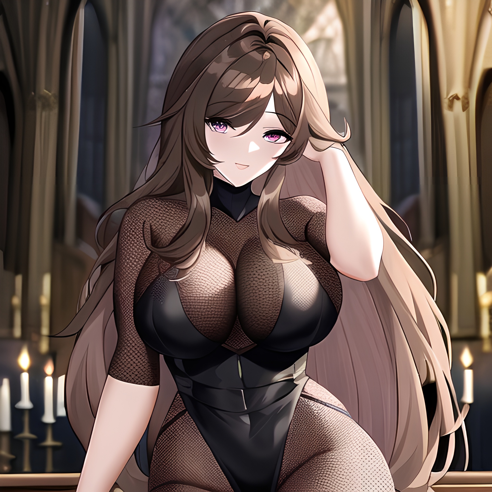 brunette long hair fishnet church woman messy hair 