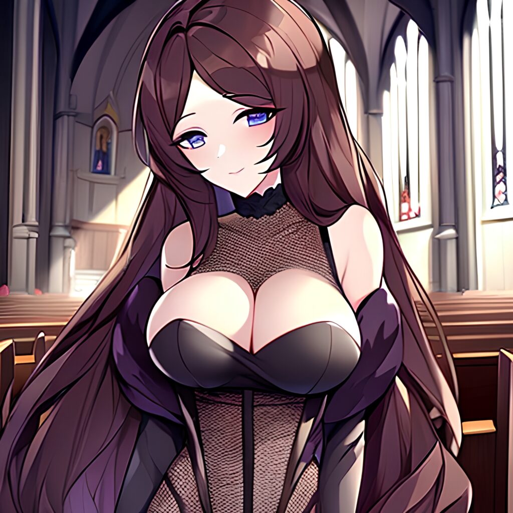 brunette long hair fishnet church woman messy hair 