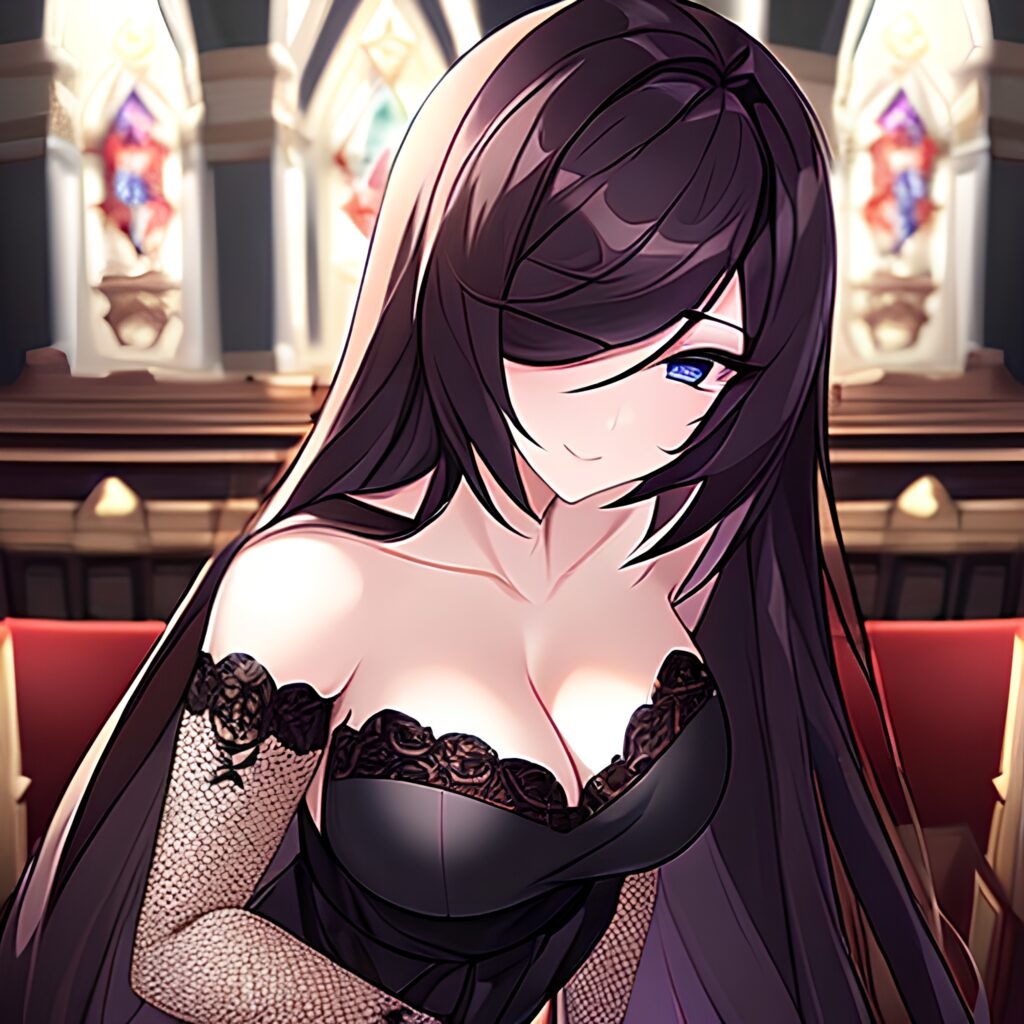 brunette long hair fishnet church woman messy hair