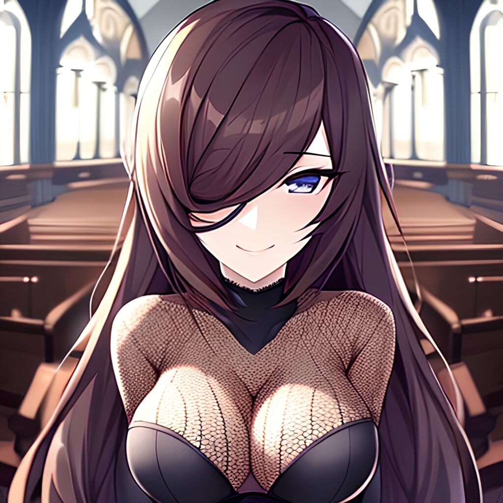brunette long hair fishnet messy hair church woman 