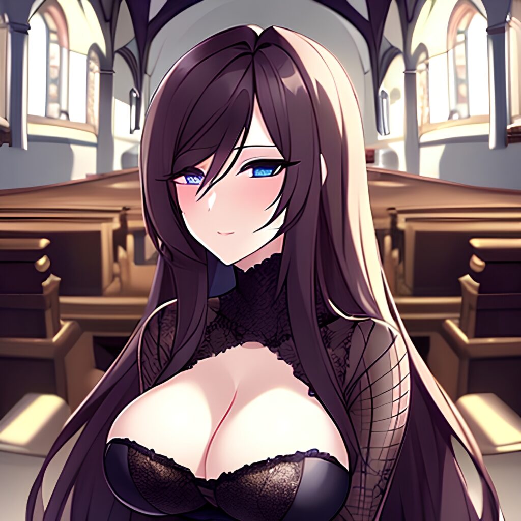 brunette long hair fishnet messy hair church woman