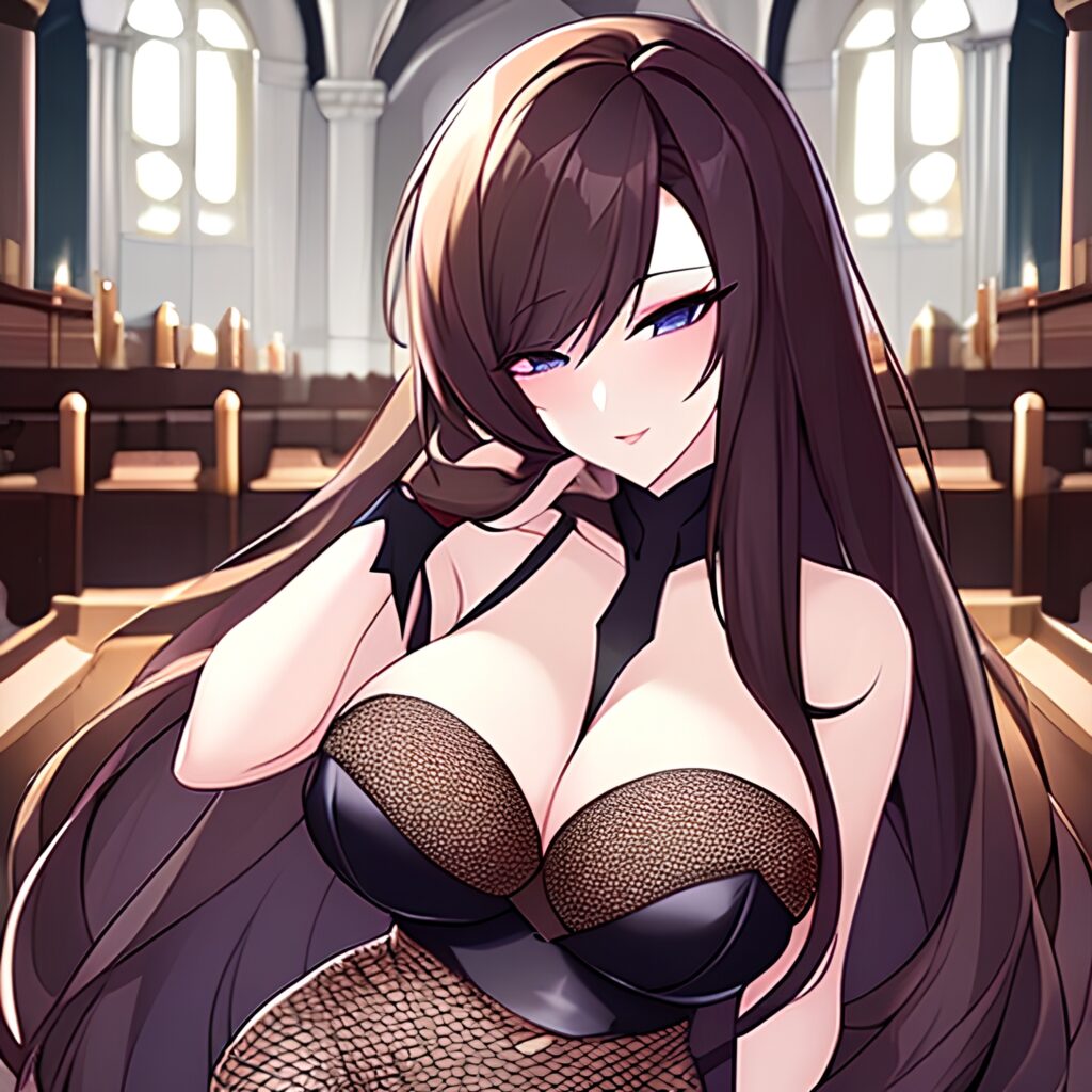 brunette long hair fishnet messy hair church woman 