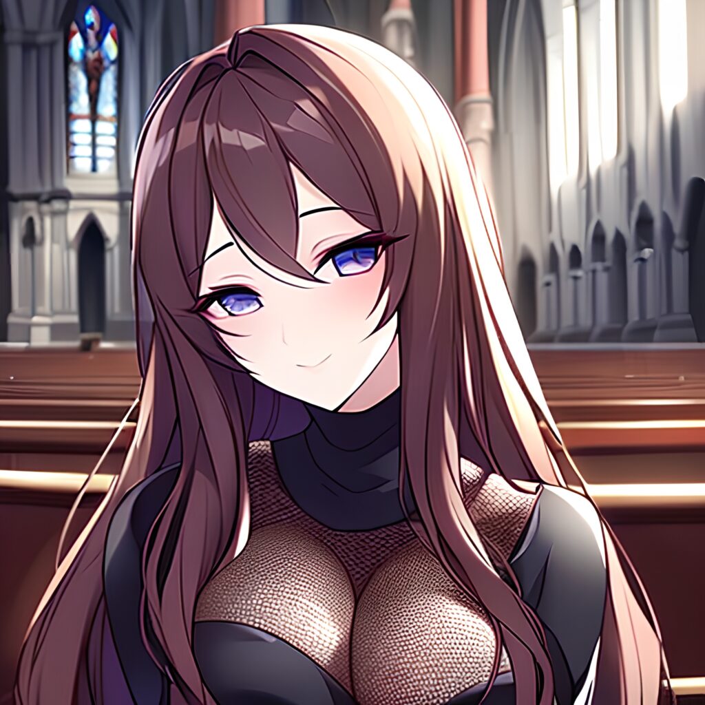 brunette long hair fishnet messy hair church woman