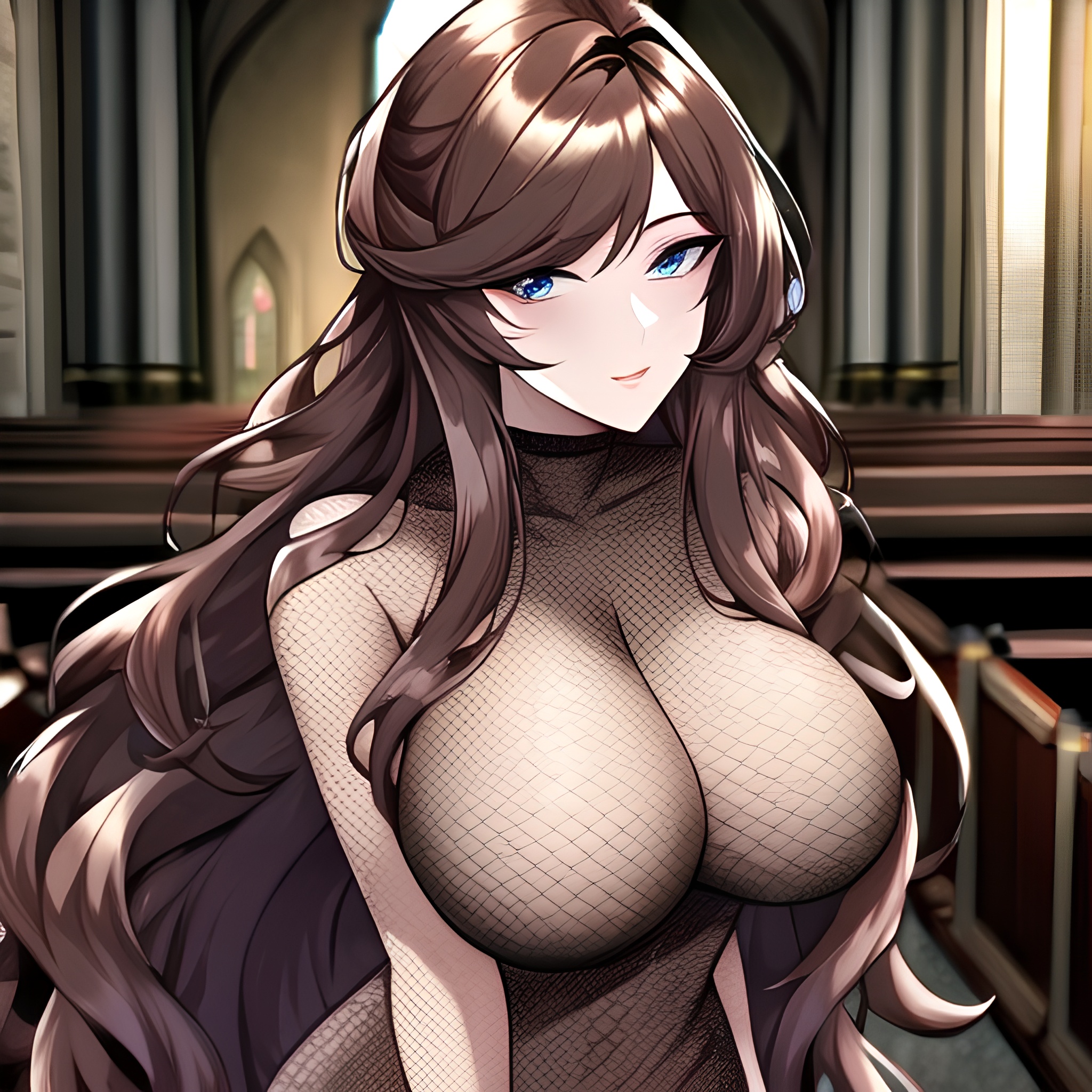 brunette long hair fishnet messy hair woman church