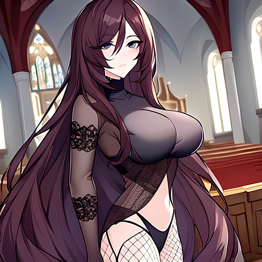 brunette long hair fishnet woman church messy hair