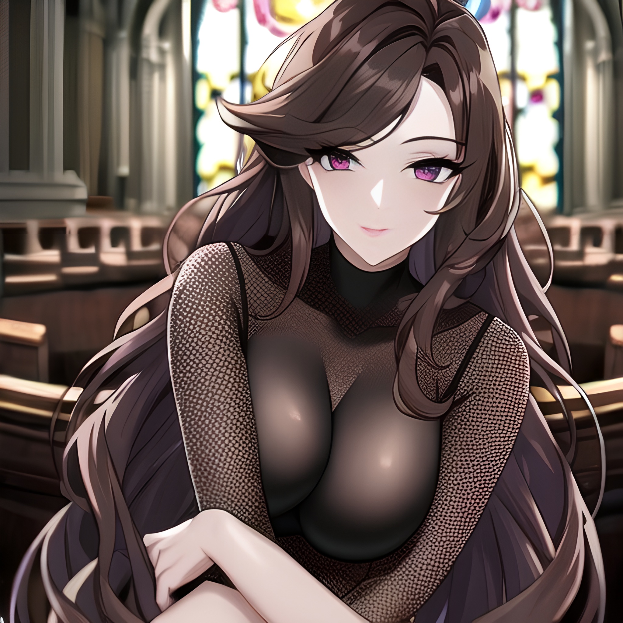 brunette long hair fishnet woman church messy hair 