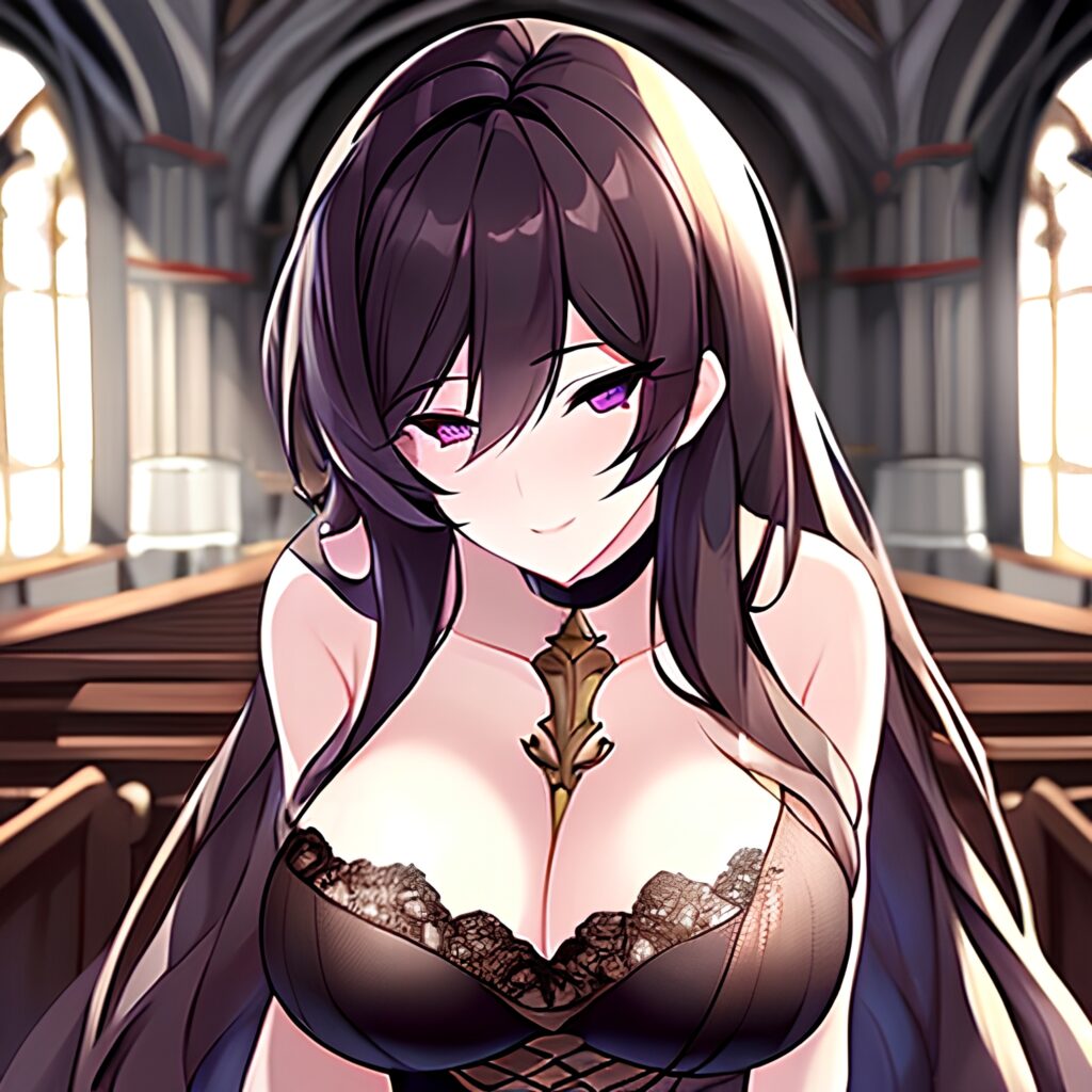 brunette long hair fishnet woman church messy hair