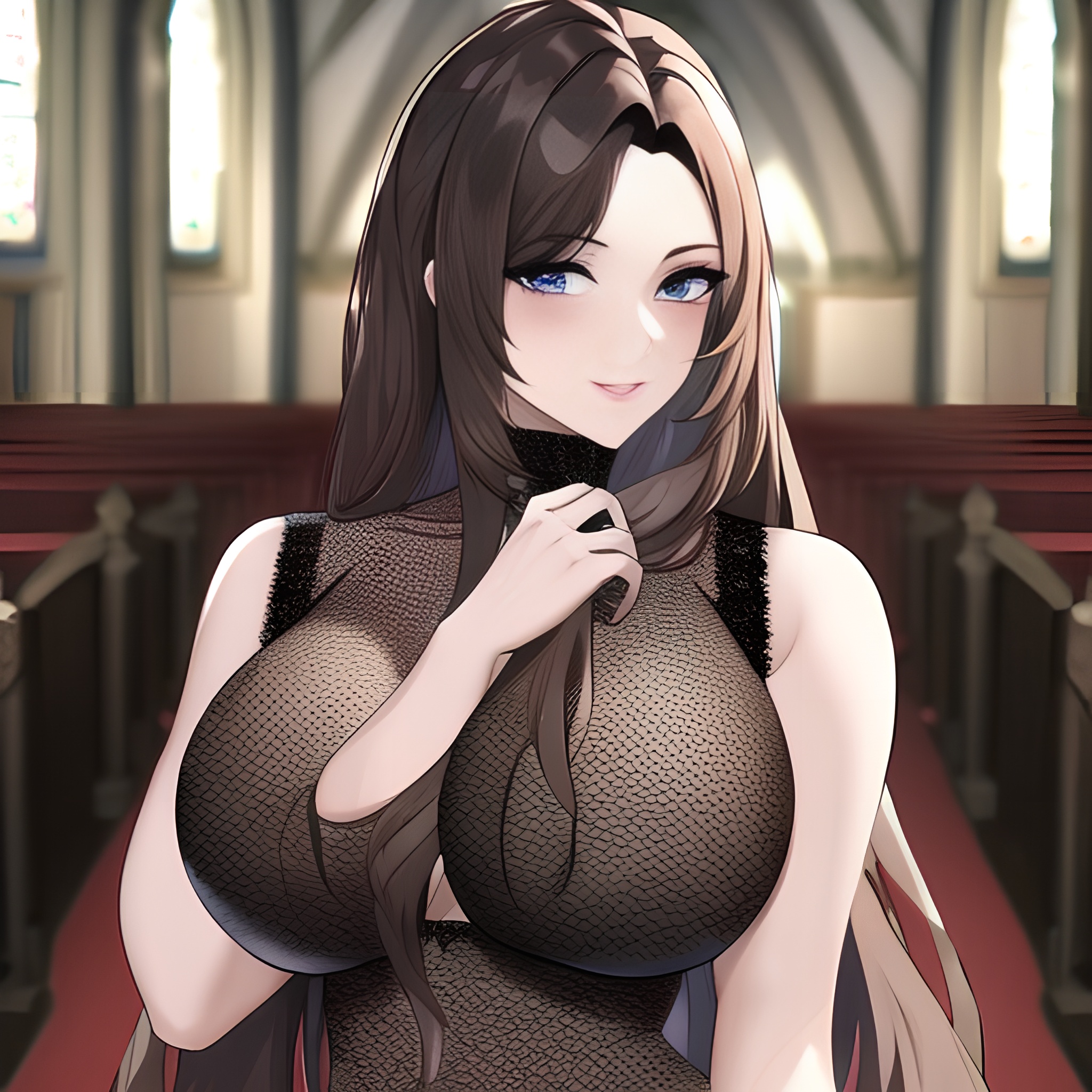 brunette long hair fishnet woman church messy hair 