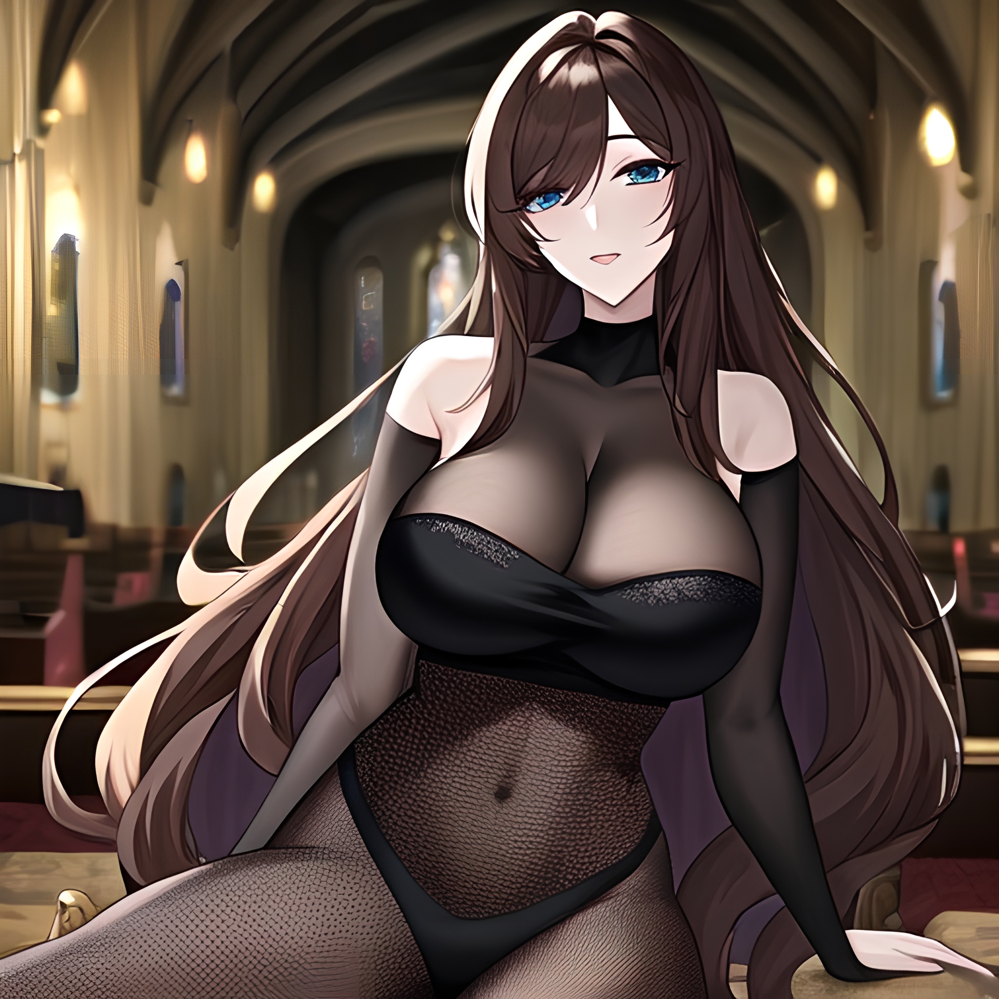 brunette long hair fishnet woman church messy hair 