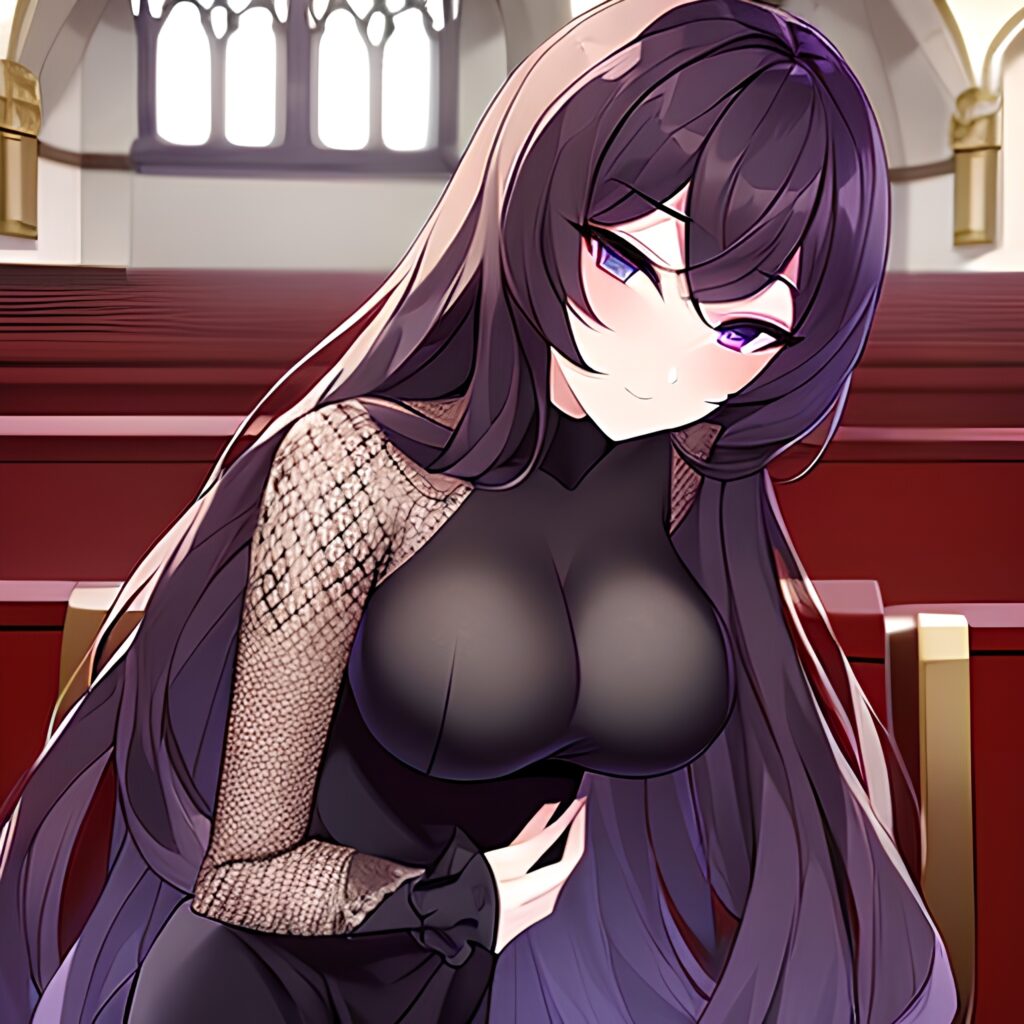 brunette long hair fishnet woman church messy hair 