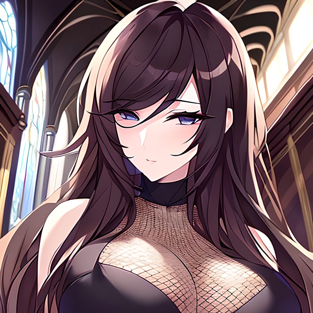 brunette long hair fishnet woman messy hair church 