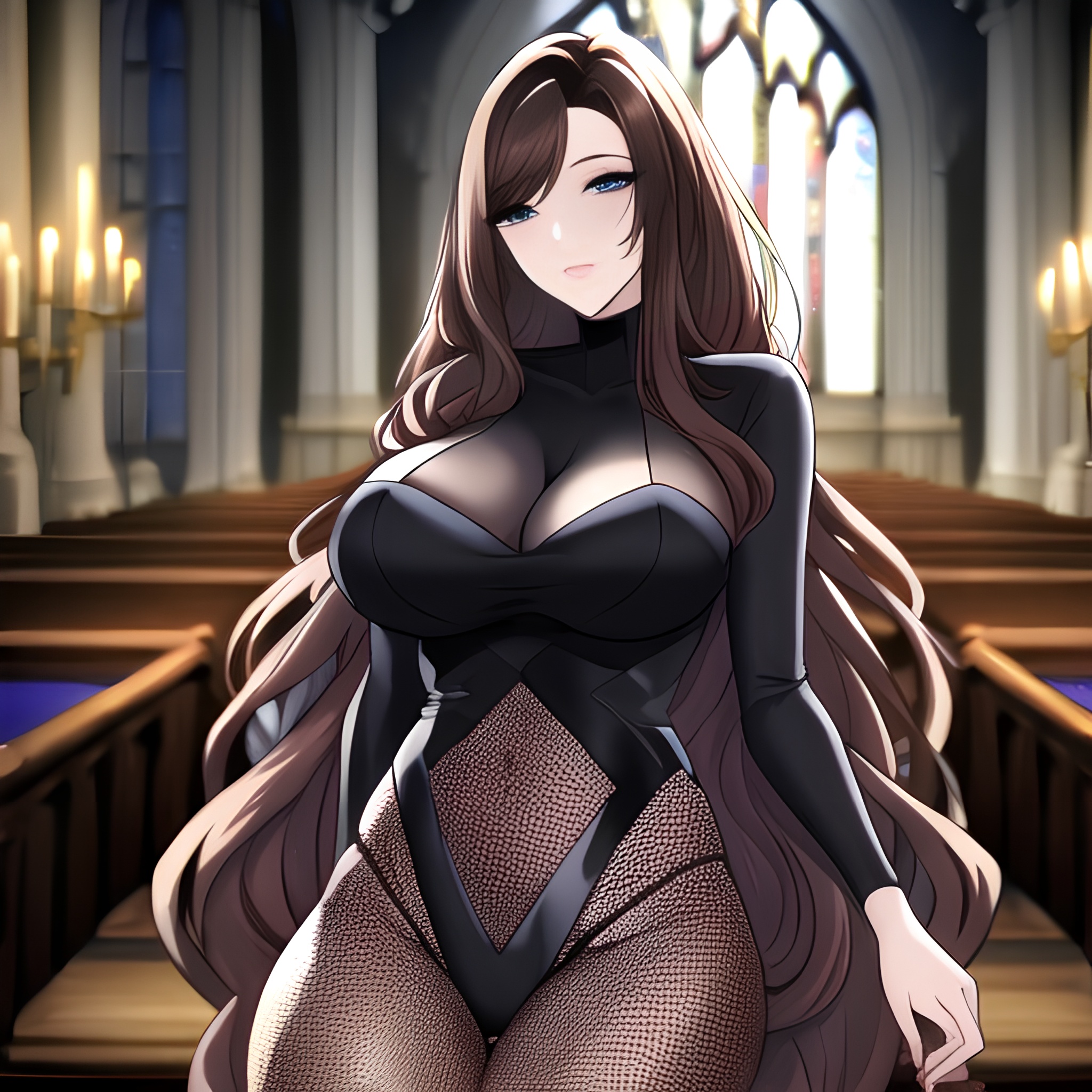 brunette long hair fishnet woman messy hair church 