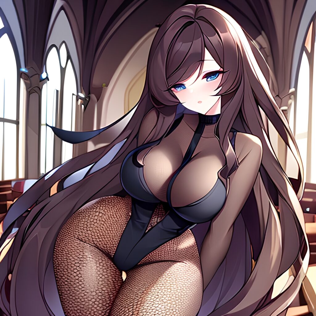 brunette long hair fishnet woman messy hair church