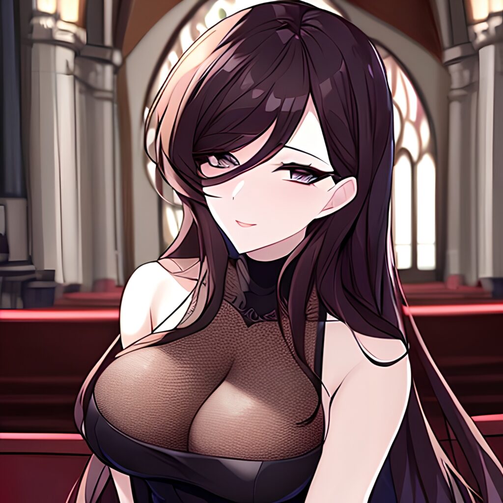 brunette long hair messy hair church fishnet woman 