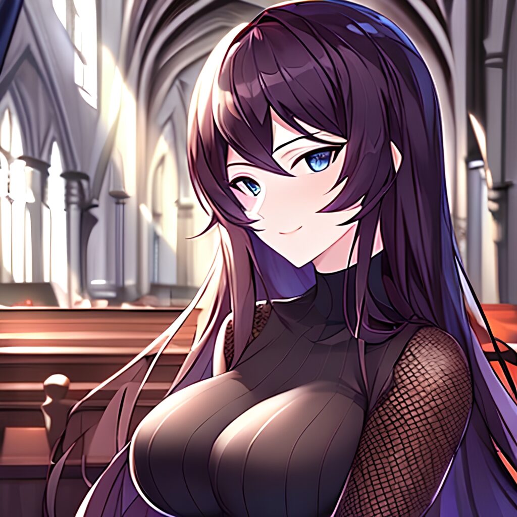 brunette long hair messy hair church fishnet woman