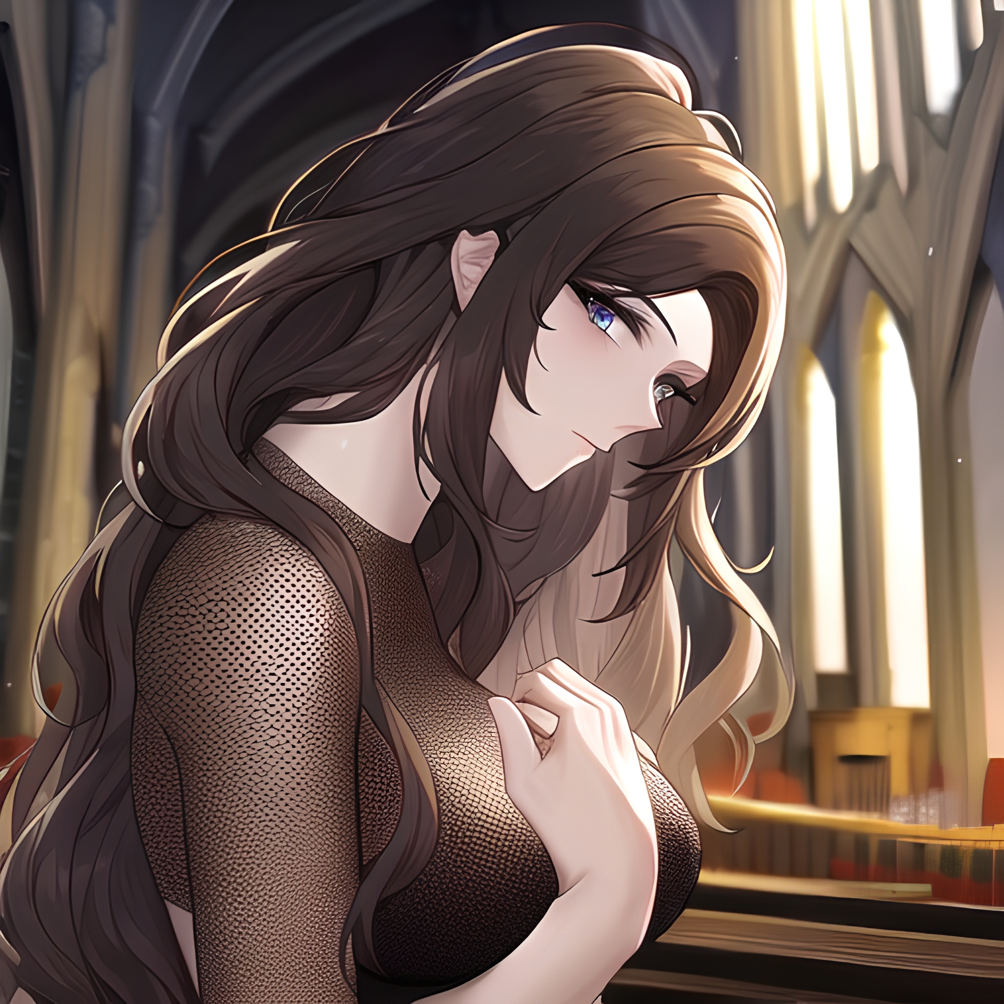 brunette long hair messy hair church woman fishnet 
