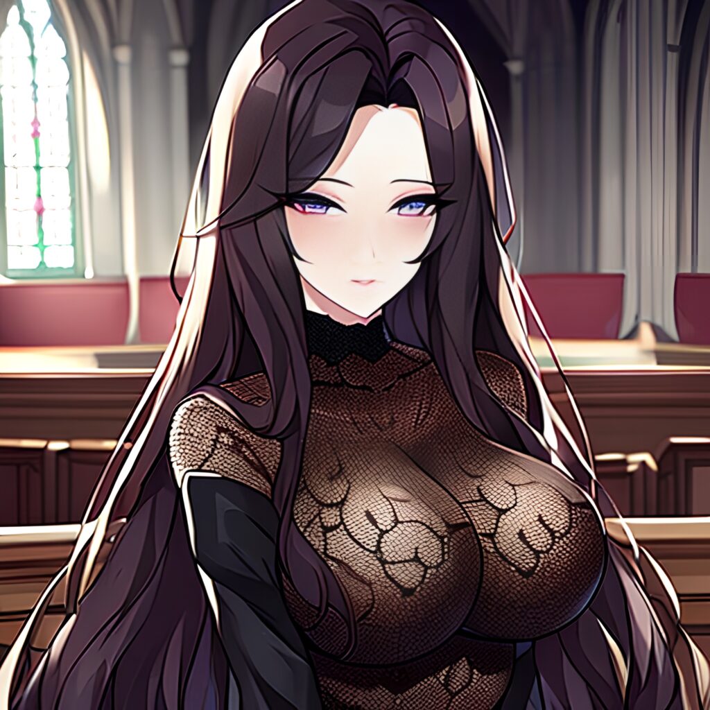 brunette long hair messy hair church woman fishnet