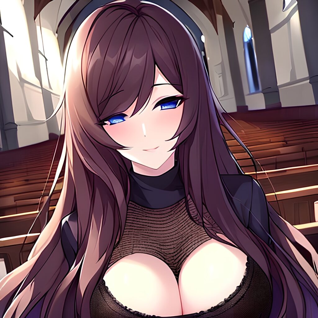 brunette long hair messy hair church woman fishnet 
