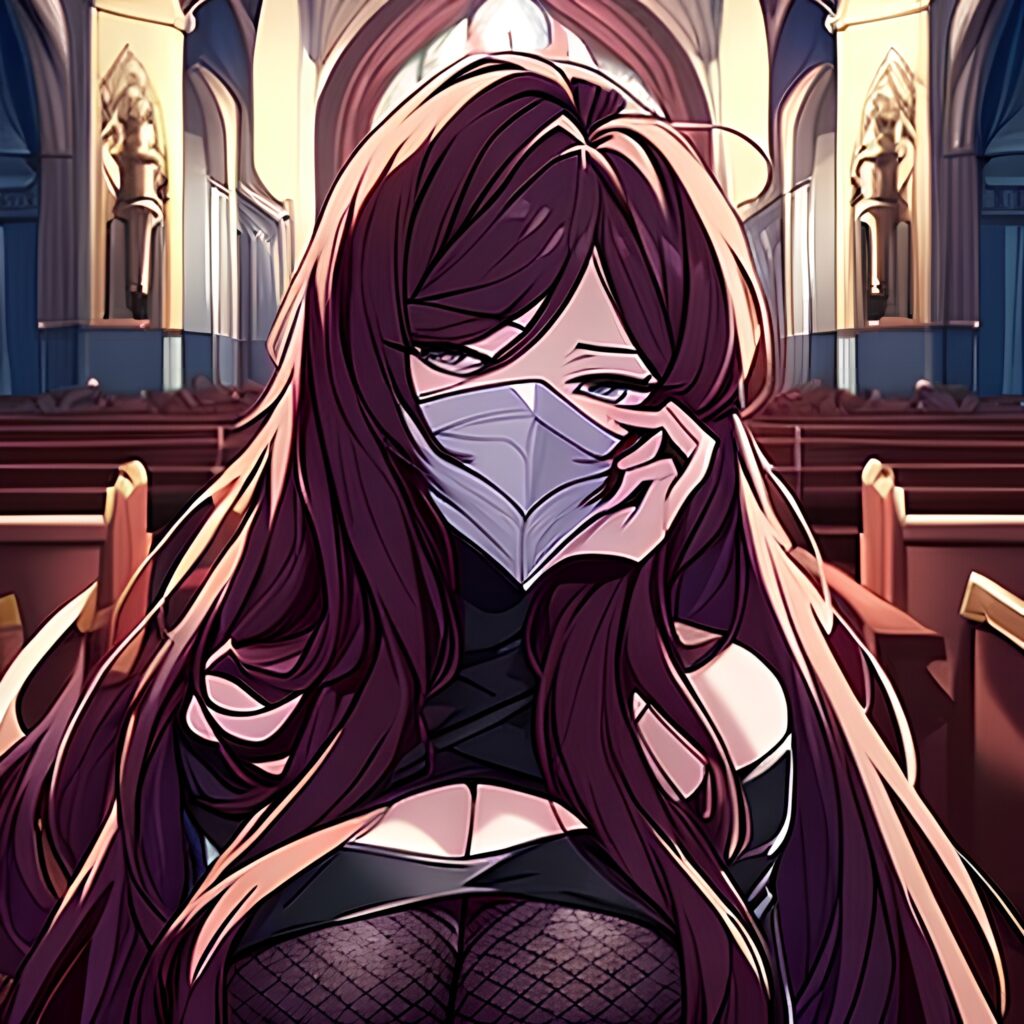 brunette long hair messy hair church woman fishnet 